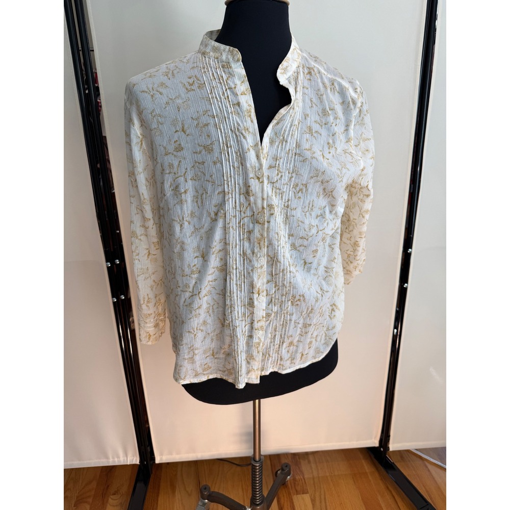 Eddie Bauer Womens XL Cotton Gauze Pintuck Blouse Gold Leaf Print